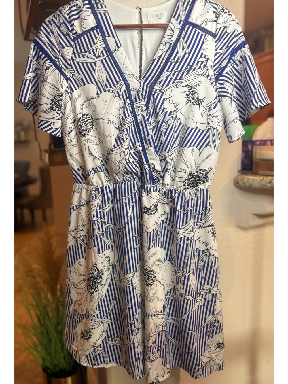 Sienna Sky Dress Medium Cute Summer Blue White Stripes Floral Short Sleeve